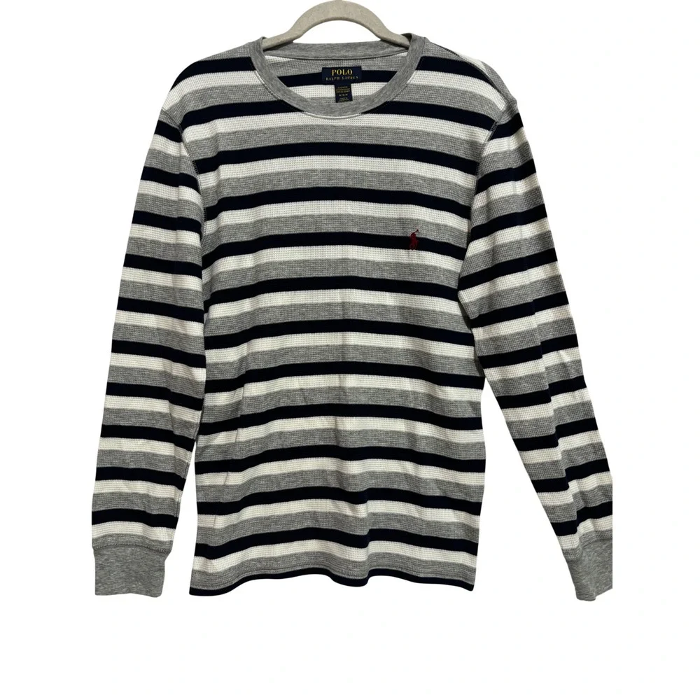 Polo Ralph Lauren Mens Thermal Shirt M Logo Striped Waffle Knit Henley Sleep Top